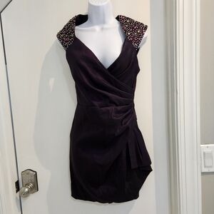 Betsy & Adam Ruched Short Embellished Sleeve Oven Back Y2K Cocktail Dress